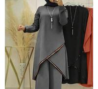 Shein Conjunto de top de manga larga y pantalones con bajo asimétrico, estilo árabe para mujer, modesto para primavera
