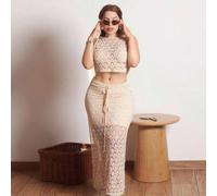 Shein Conjunto de top de punto de crochet y falda con bajo hendido para mujer, ideal para festivales de música y estilo bohemio, conjunto de dos piezas de r