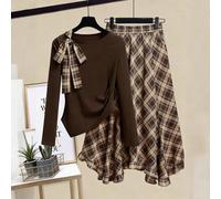 Shein Conjunto de top de punto de manga larga y falda a cuadros para mujer talla grande, conjunto de estilo universitario para señoritas, para ir al trabajo