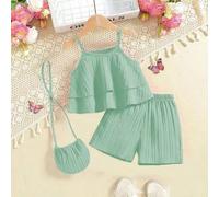 Shein Conjunto de top de tirantes camiseta de ola sólida con dobladillo en capas + pantalones cortos, que incluye bolso de hombro oblicuo, adecuado para uso