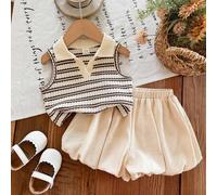 Shein Conjunto de top de tirantes con cuello polo a rayas y shorts con volantes de cintura elástica, estilo lindo para bebé niña en verano