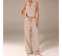 Shein Conjunto de top de tirantes cruzado a rayas y pantalones rectos para mujer, conjunto de vestimenta de verano para ir al trabajo