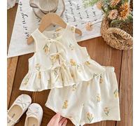 Shein Conjunto de top sin mangas a rayas rosa y blanco con lazo y shorts de cintura elástica para bebé niña