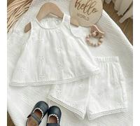 Shein Conjunto de top sin mangas con bordado y encaje calado y shorts de cintura elástica, estilo lindo y de vacaciones para bebé niña