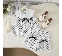 Shein Conjunto de top sin mangas con estampado de lunares plisado y lazo 3D lindo y shorts holgados de moda para niñas, adecuado para uso diario casual y mi