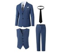 Shein Conjunto de traje de 4 piezas azul marino y negro para adolescentes: Chaqueta de manga larg Chaleco+Corbat Pantalones, estilo casual simple, para ac