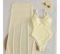 Shein Conjunto de traje de baño de 2 piezas con un bañador de un solo color con tirantes retorcidos y una falda plisada de gasa para vacaciones de primavera