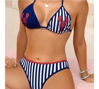 Shein Conjunto de traje de baño de 2 piezas para mujer, estampado de cangrejo de río con bloques de color y rayas, elegante y dulce para vacaciones en la pl
