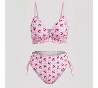Shein Conjunto de traje de baño de 2 piezas para mujer talla grande, verano lindo y dulce con estampado de cerezas rosadas en el fondo, con volantes y nudo