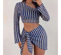 Shein Conjunto de Traje de Baño de 4 Piezas para Mujer, Tela Texturizada a Rayas Azules, Cubre-Hombro Asimétrico con Manga Larga Acampanada, Top de Bikini T