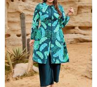 Shein Conjunto de traje de baño de dos piezas con cremallera, estampado de hojas tropicales, estilo de Oriente Medio, casual para vacaciones, talla grande p