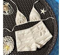 Shein Conjunto de traje de baño de dos piezas para mujer con pantalón de pierna recta, cuello halter con lazo, adorno de estrella de mar oceánica, tela text