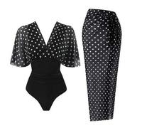 Shein Conjunto de traje de baño de una pieza con cintura ceñida y falda de cobertura con estampado de lunares vintage elegante, y vestimenta de playa/resort