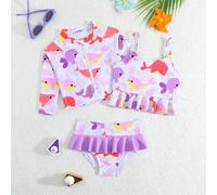 Shein Conjunto de traje de baño de una pieza de manga larga con cuello redondo y cremallera + parte inferior triangular para bebé niña, trajes de baño para