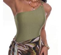 Shein Conjunto de traje de baño de una pieza de un solo hombro de unicolor para mujer con falda de cobertura con estampado integral