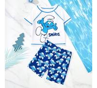 Shein Conjunto de traje de baño para niño pequeño con parte superior de manga corta y pantalones cortos con estampado de Pitufos de dibujos animados, azul y