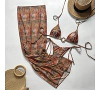 Shein Conjunto de traje de baño sexy para mujer de 3 piezas con top de bikini triangular con cuello halter, aro asimétrico dorado y tela texturizada floral,