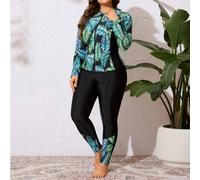 Shein Conjunto de traje de baño tipo rash guard con estampado tropical, manga larga y pantalón largo, tallas grandes, para el verano