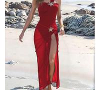 Shein Conjunto de traje de baño y falda de una pieza negro con decoración de estrella, elegante y de alta gama para vacaciones de playa y verano, color rojo