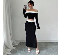 Shein Conjunto de traje de camiseta corta elegante con bloque de color, fuera del hombro y falda de cola de pez con abertura lateral para primavera/verano