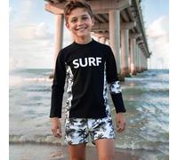 Shein Conjunto de trajes de baño para niño pre-adolescente con bloqueo de colores y estampado de árbol de coco para vacaciones en la playa