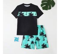 Shein Conjunto De Trajes De Baño Para Niños Mayores - Playera De Manga Corta Con Cuello Redondo Y Logotipo Impreso, Pantalones Cortos De Natación Con Patrón