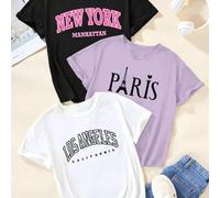Shein Conjunto de tres piezas con manga corta para adolescentes con estampado de letras especiales, diseño de camiseta con estampado de cultura y costumbres