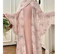 Shein Conjunto de tres piezas de abaya floral, elegante y modesto, con kimono de manga abullonada de gasa floral y vestido de satén con deslizamiento para f