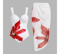 Shein Conjunto de un solo vestido de baño con estampado floral y falda cubre-todo para mujer talla grande para el verano