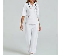 Shein Conjunto de uniforme de cirugía de manga corta para enfermera, clínica, salón de belleza, veterinaria con cintura ajustable y bolsillos, color blanco