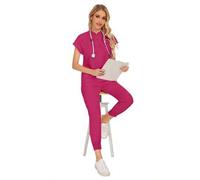 Shein Conjunto de uniformes médicos de moda al por mayor, traje de cirugía de unicolor con bolsillo, cuello en V, pantalones tipo jogger para mujer, conjunt