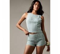 Shein Conjunto de verano a juego de top sin mangas corto y shorts de cintura alta, conjunto de dos piezas para vacaciones y playa con estampado de cuadros g