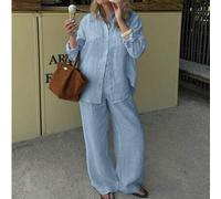 Shein Conjunto de verano casual de dos piezas para mujer, estilo Old Money, de lino mezclado, color azul claro, transparente y de unicolor, elegante, adecua