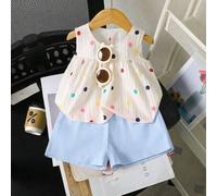 Shein Conjunto de verano casual de niña pequeña con top de chaleco plisado sin mangas de cuello redondo con textura de tela jacquard blanca sólida, y shorts