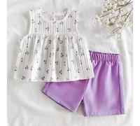 Shein Conjunto de verano de dos piezas para niña pequeña con top de cuello redondo sin mangas y shorts rojos. Contraste de color fresco entre rojo y blanco,