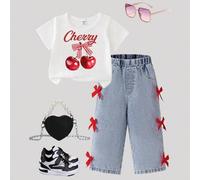 Shein Conjunto de verano para bebé niña con Top de manga corta con estampado de lazo rosa y cherry, y vaqueros denim con lazada desgastada