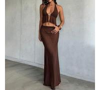 Shein Conjunto de verano para mujer con un cubre-todo de un solo color marrón, top de tirantes estilo canesú elegante y sexy con decoración de metal estilo