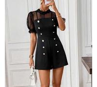 Shein Conjunto de verano para mujer Último diseño elegante de terciopelo con botones decorativos dorados, manga larga con encaje negro, mono ajustado. Monos