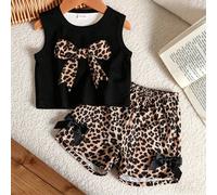 Shein Conjunto de verano para niña con estampado de leopardo en color albaricoque, top sin mangas texturizado y shorts con estampado de leopardo con acento