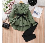 Shein Conjunto de vestido-camisa de manga larga con estampado de corazón y cinturón, talla grande leggings para niña preadolescente