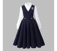 Shein Conjunto de vestido con tirantes estilo preppy para niñas, camisa blanca de manga larga + vestido largo con tirantes azul marino que ciñe la cintura,