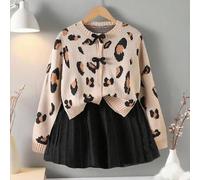 Shein Conjunto de vestido corto con suéter tejido jacquard y moño hecho a mano de alta calidad para niñas, con manga larga y abertura frontal, de moda