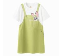 Shein Conjunto de vestido de Disney para niñas de Balabala - Verde y blanco suave y cómodo - Adorables parches de dibujos animados - Perfecto para el verano