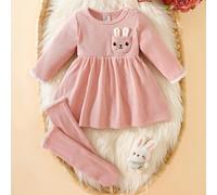 Shein Conjunto de vestido de manga larga + calcetines para bebé niña recién nacida de 0-9M, decorado con bordado de conejo de peluche, para otoño/invierno,