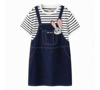 Shein Conjunto de vestido de niña Balabala Disney - Verde y blanco suave y cómodo - Parche de dibujos animados adorable - Perfecto para el verano