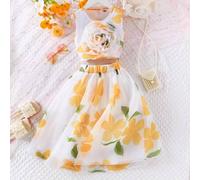 Shein Conjunto de vestido de verano para niña con Top de organza amarilla sin mangas con flores 3D y falda de malla floral amarilla, suave, elegante y hermo