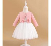Shein Conjunto de vestido sin mangas de malla y chaqueta con mangas largas y volantes para niña, adecuado para varias ocasiones, que muestra un estilo dulce