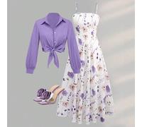 Shein Conjunto de vestido y chaqueta de manga larga con estampado elegante para mujer, conjunto de dos piezas elegante para citas, ir al trabajo y uso diari