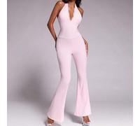 Shein Conjunto de yoga 2 en 1 para mujer con body de encaje, cuello halter en V, pecho acolchado, espalda descubierta, efecto levantador de glúteos, control