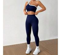 Shein Conjunto de yoga de un solo hombro azul marino y blanco para mujer, traje de entrenamiento de pilates athleisure de verano, camisola sin costuras & le
